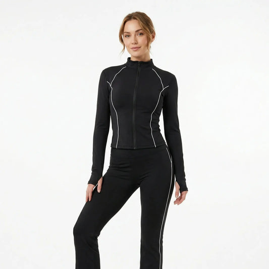 XELLE Women's 2 Piece Yoga Set - Stylish Slim Fit Full Zip Jacket & High Waisted Flare Pants with Retro Piping for Ultimate Comfort in Gym & Activewear